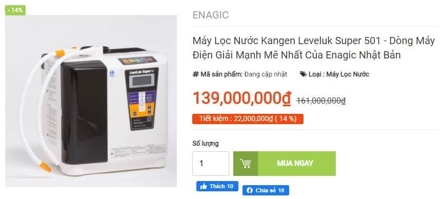 giá bán máy lọc nước kangen super 501 được nâng lên cao hơn giá chính hãng