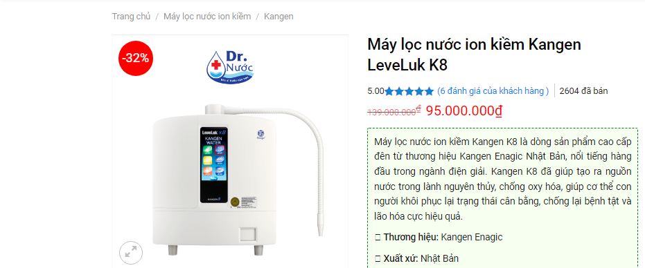 giá bán máy lọc nước ion kiềm kangen leveluk K8 tại dr nước