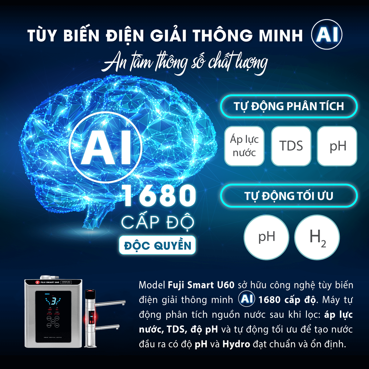 Máy lọc nước ion kiềm Fuji Smart U60 có 1680 chế độ tùy biến