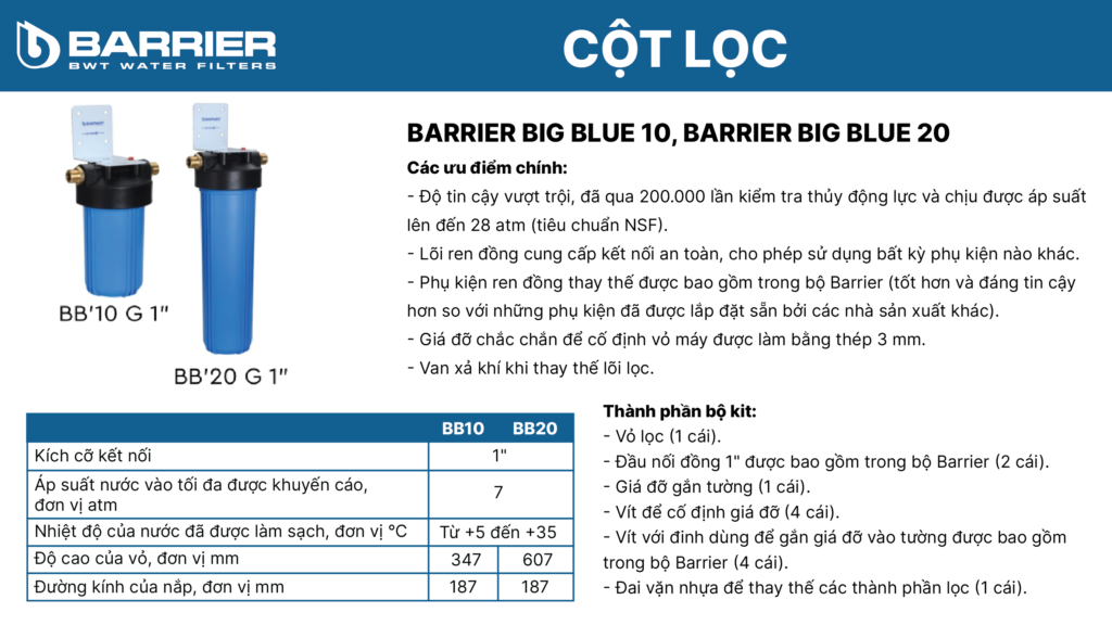 Thông tin cột lọc của hệ thống lọc tổng BWT Barrier City Pro Hero BB7029