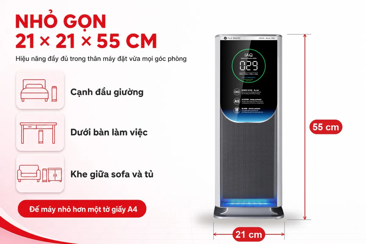 Kích thước nhỏ gọn 21 x 21 x 55 cm của máy lọc không khí FUJI SMART AX-M14000